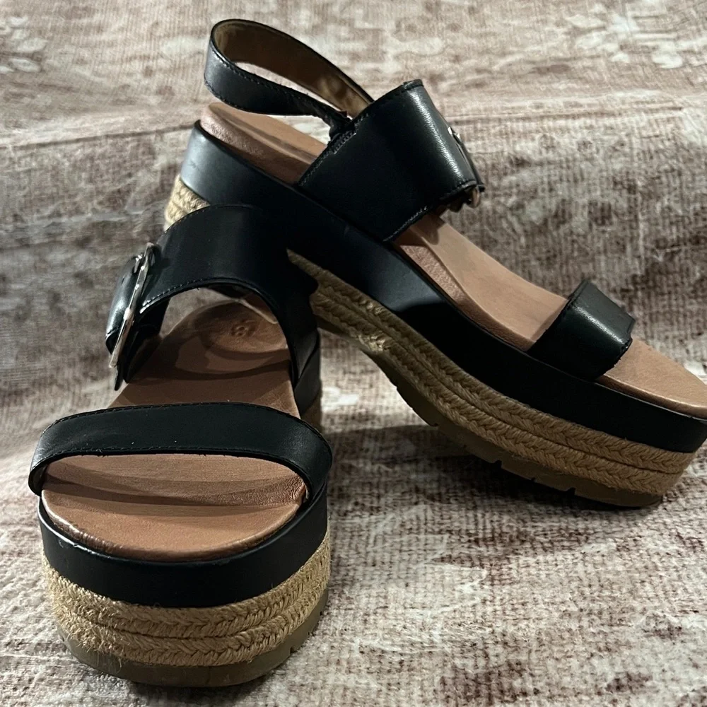 UGG Black Leather Espadrille Platform Sandals with Buckle - Picture 2 of 12